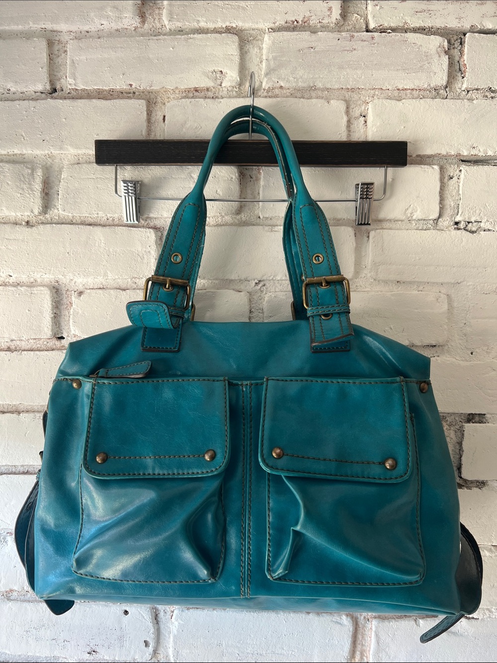 Oversized slouchy Teal pleather Double-Pocket Satchel Handbag